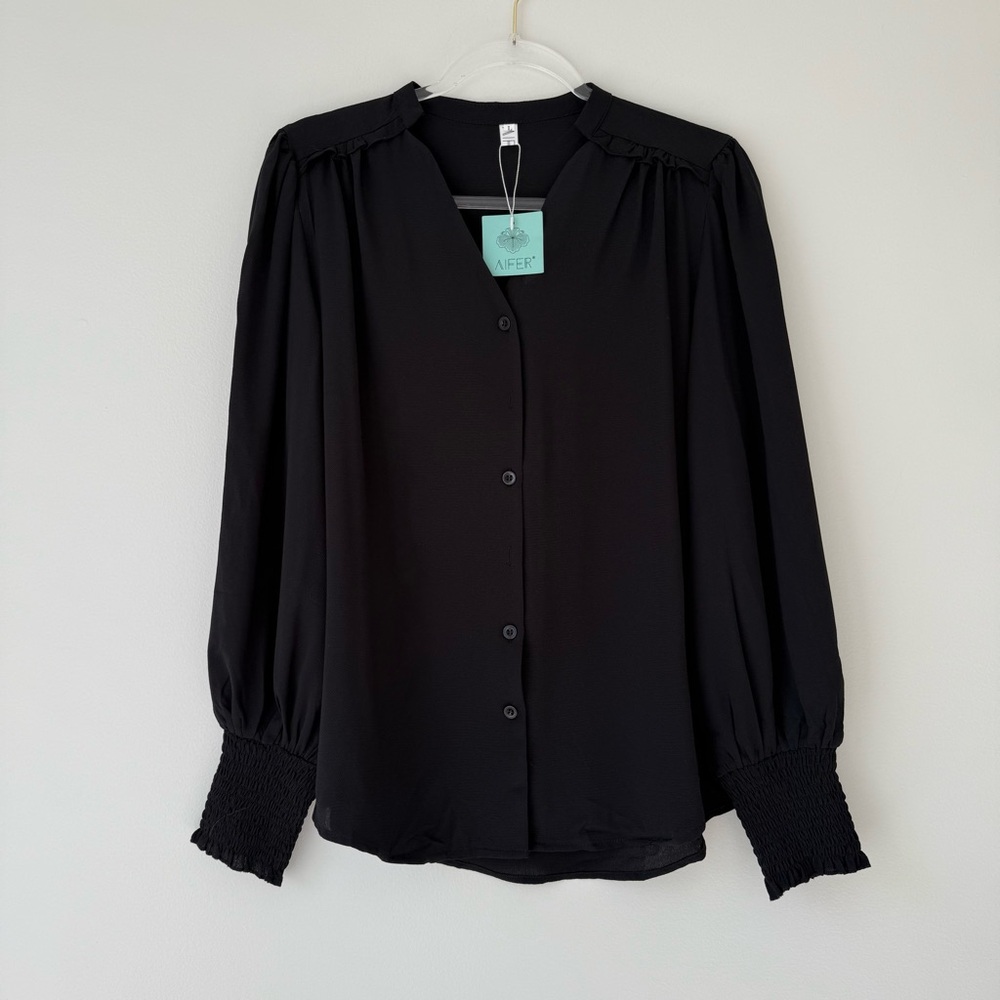 Black Button Down Blouse Sz L NWT